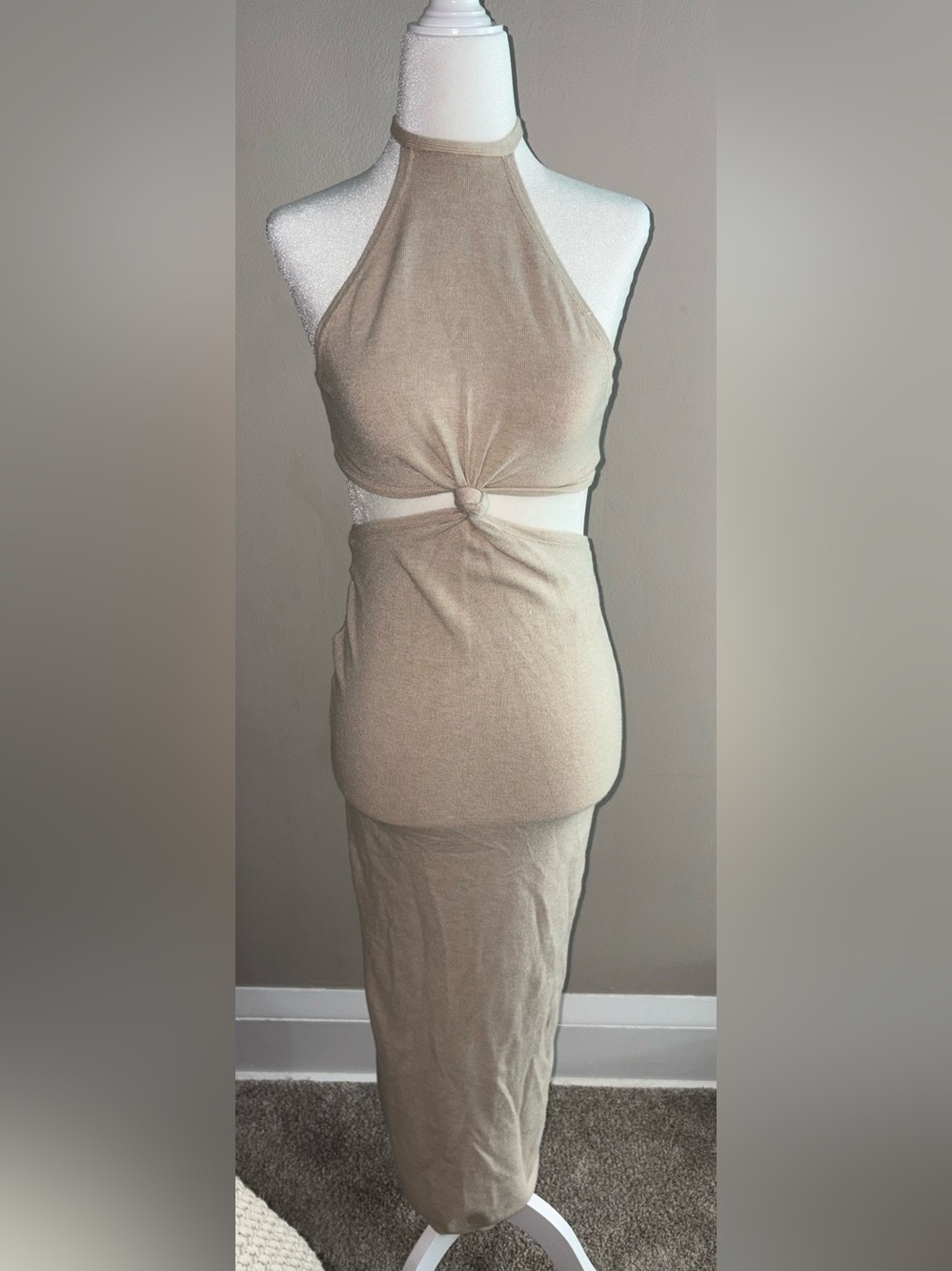 Miou Muse - Beige Knit Cutout Midi Dress with Front Knot